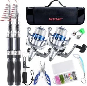Goture Fishing Rod and Reel Combos-2PCS Telescopic Fishing Pole 2PCS Pre-Loaded Spinning Reels with Carrier Bag,Telescopic Rod Reel Lures Kit for Starter Travel Saltwater Freshwater,Gifts for Men