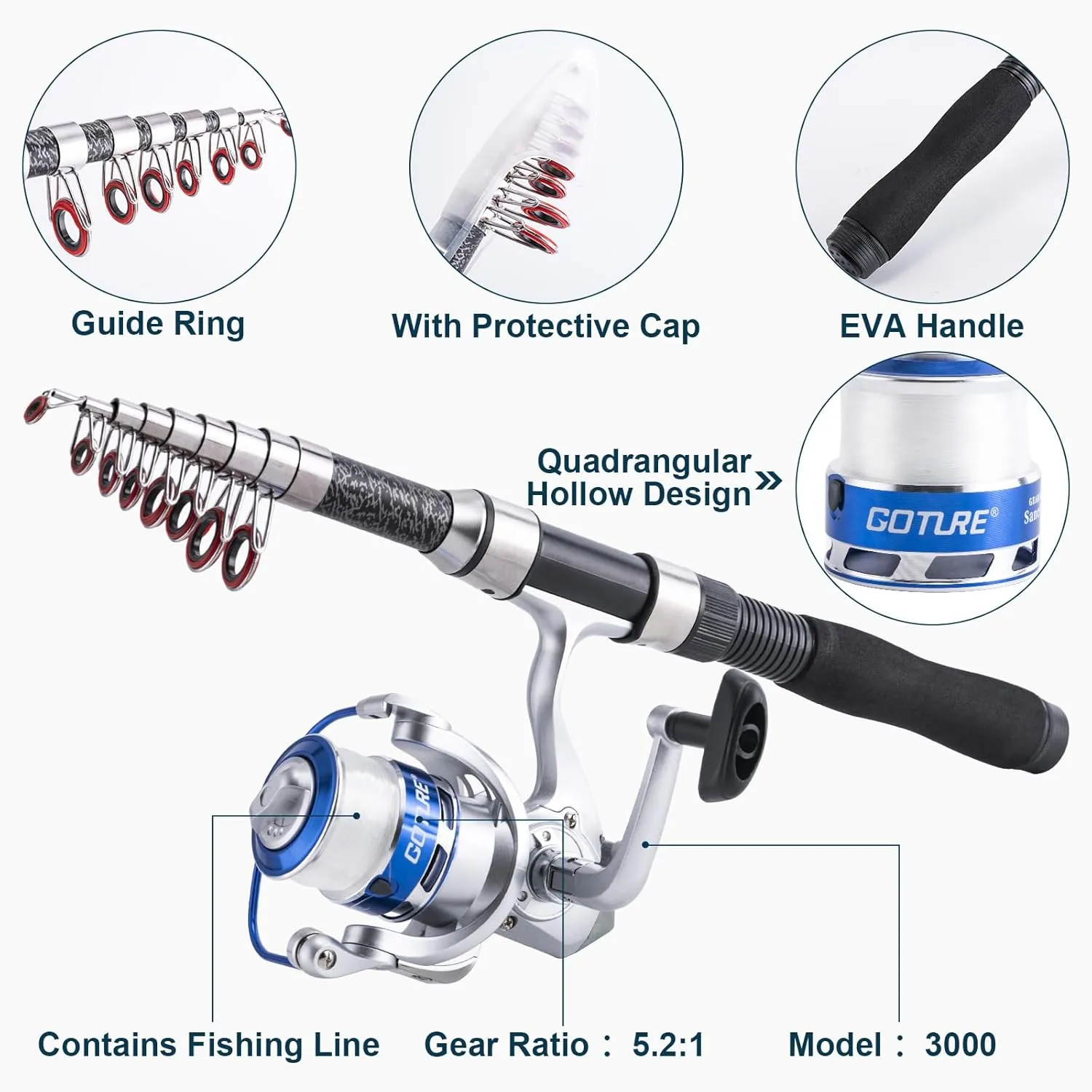 Goture Fishing Rod and Reel Combos-2PCS Telescopic Fishing Pole 2PCS Pre-Loaded Spinning Reels with Carrier Bag,Telescopic Rod Reel Lures Kit for Starter Travel Saltwater Freshwater,Gifts for Men