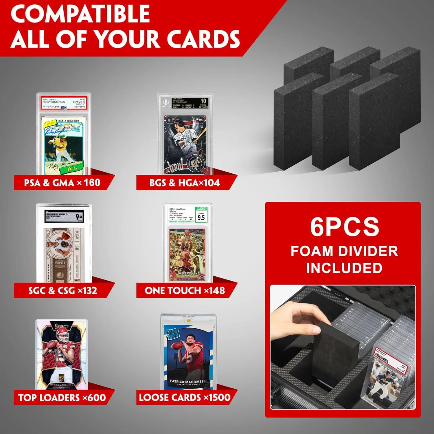 Graded Card Storage Box, Trading Cards Slab Carrying Case, 4 Row Green Hard Sports Cards Holder Boxes with 6 Dividers Fits for PSA BGS SGC Top Loaders Collection
