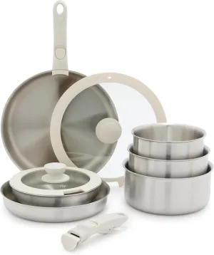 GreenLife 10 Piece Stainless Steel Pots and Pans, Detachable & Stackable Kitchen Set, Tri Ply Clad PFAS Free Cookware, Space Saving with Removable Handle, Induction & Oven Safe, RV Cookware, Glass Lid
