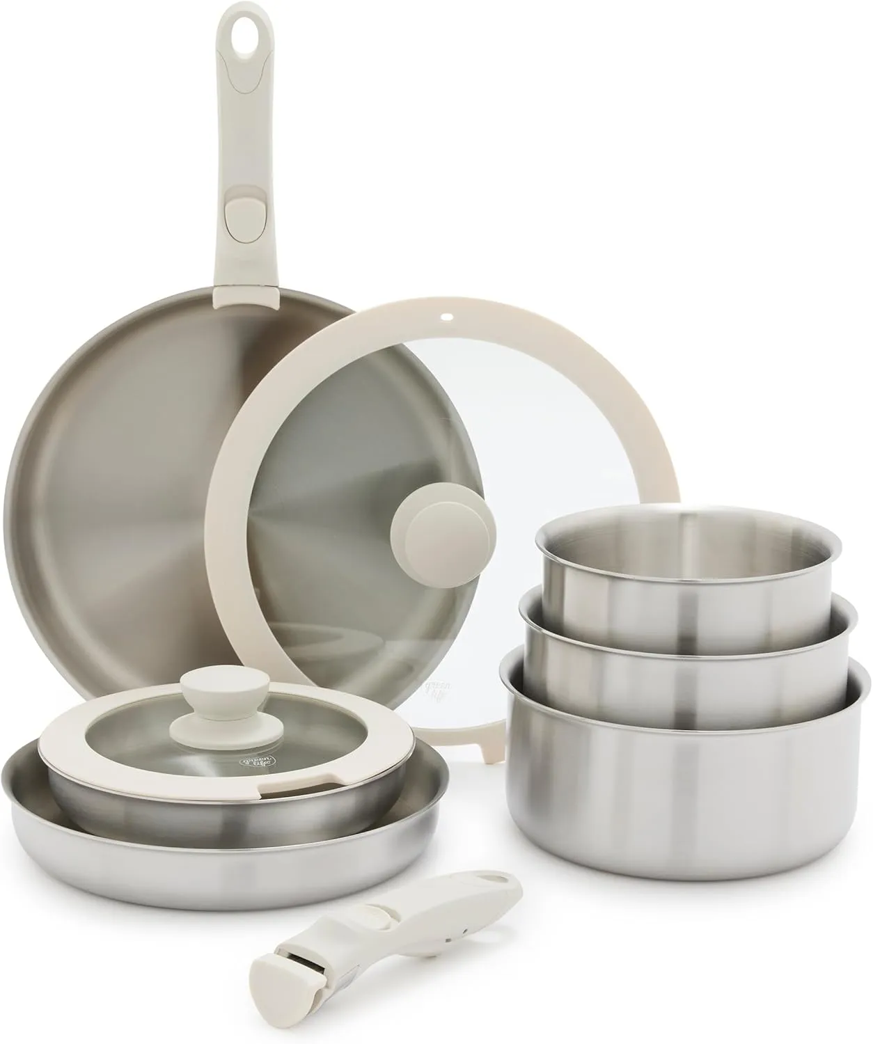 GreenLife 10 Piece Stainless Steel Pots and Pans, Detachable & Stackable Kitchen Set, Tri Ply Clad PFAS Free Cookware, Space Saving with Removable Handle, Induction & Oven Safe, RV Cookware, Glass Lid