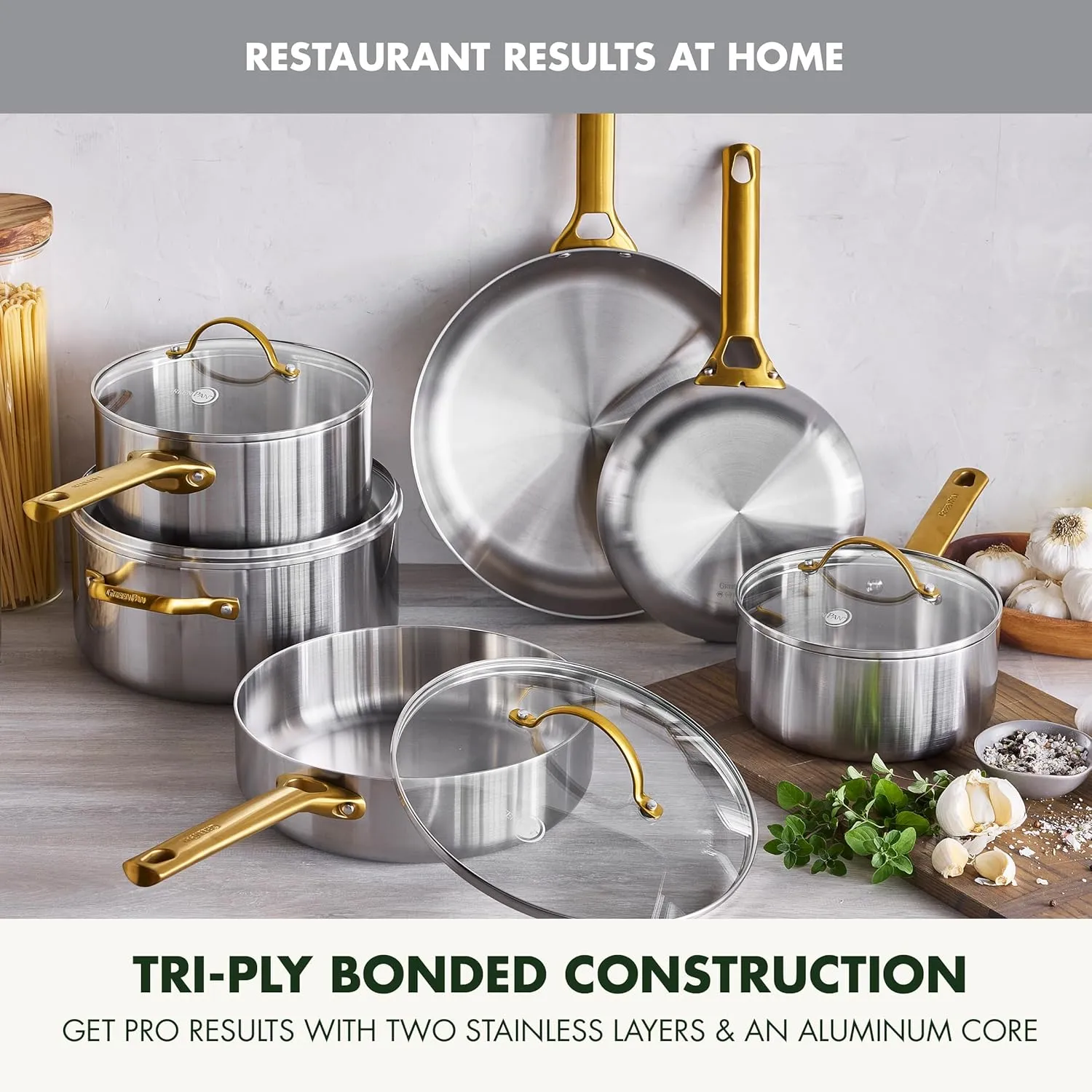 GreenPan Stainless Steel Tri-Ply Reserve 10 Piece Cookware Pots and Pans Set, Multiclad, PFAS-Free, Induction, Oven & Broiler Safe to 600°F, Heat Responsive Core, Dishwasher Safe, Glass Lids