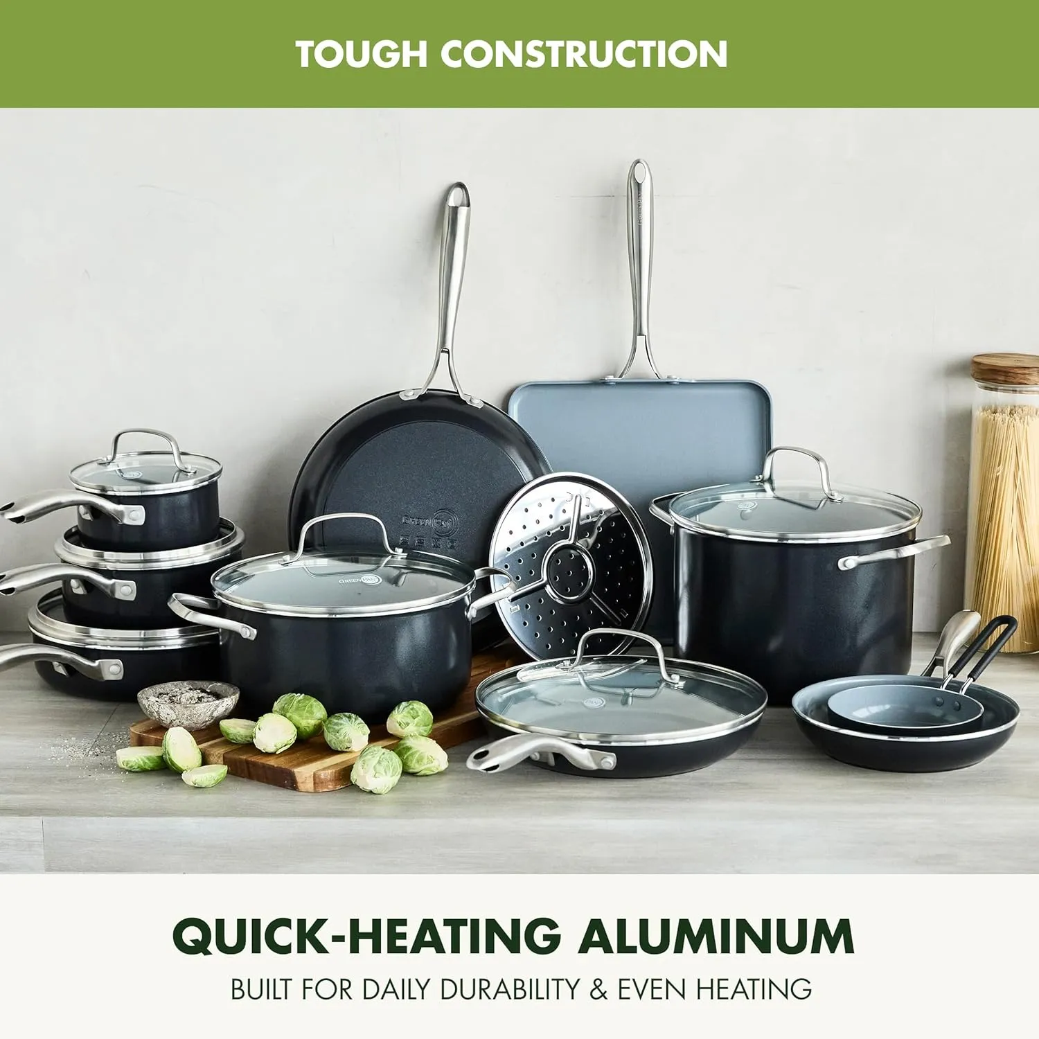 GreenPan Swift 17 Piece Cookware Set, Non-Toxic PFAS-Free Ceramic Nonstick, Stainless Steel Handles, Pots, Pans, Lids, Grill, Griddle, Sauté & Saucepans, Dishwasher & Oven Safe, Gray