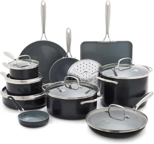 GreenPan Swift 17 Piece Cookware Set, Non-Toxic PFAS-Free Ceramic Nonstick, Stainless Steel Handles, Pots, Pans, Lids, Grill, Griddle, Sauté & Saucepans, Dishwasher & Oven Safe, Gray