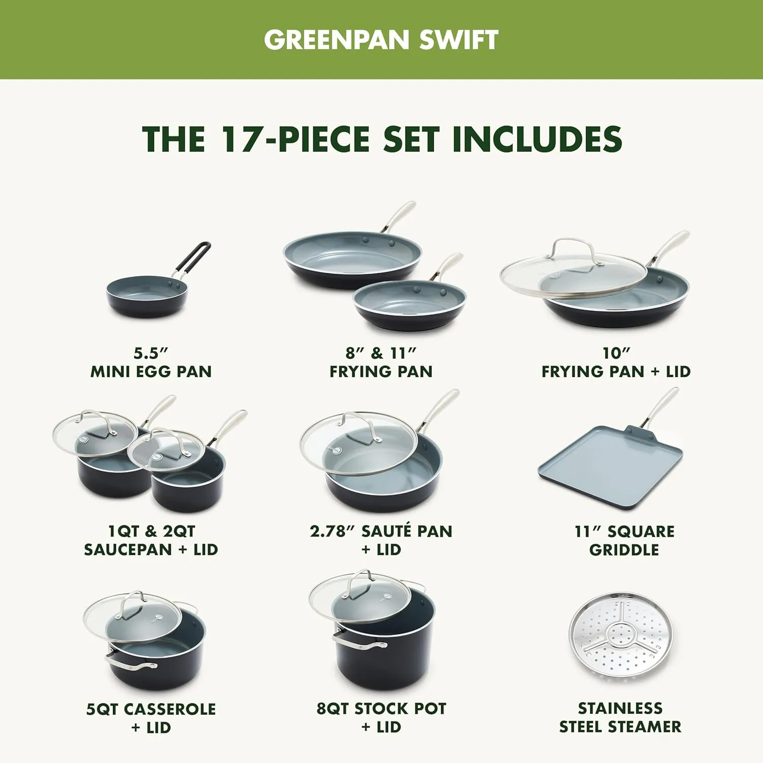 GreenPan Swift 17 Piece Cookware Set, Non-Toxic PFAS-Free Ceramic Nonstick, Stainless Steel Handles, Pots, Pans, Lids, Grill, Griddle, Sauté & Saucepans, Dishwasher & Oven Safe, Gray