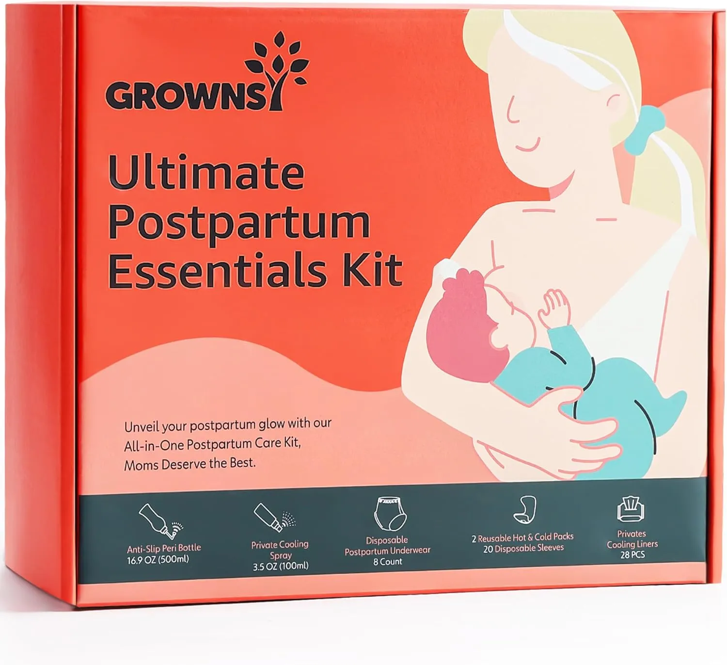 GROWNSY Postpartum Essentials Recovery Kit for Women After Birth, Postpartum Kit for Labor Delivery, Self-Absorbent Postpartum Disposable Underwear, Peri Bottle, Perineal Spray, Post Partum Ice Packs