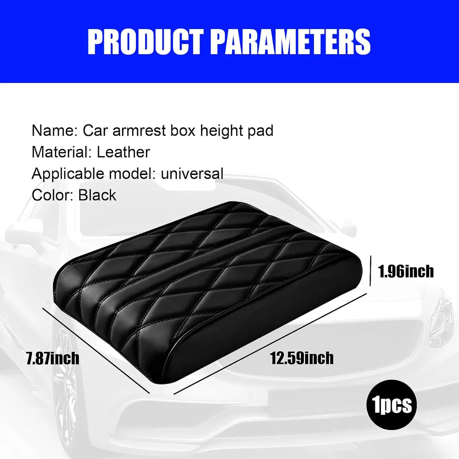 gunhunt Pack-1 Car Armrest Box Pad, Memory Foam Leather Car Center Console Cover, Rhombus Texture Armrest Box Mat, Comfort Elbow, Suitable for Most Vehicles, SUVs, Trucks, Cars (Black)