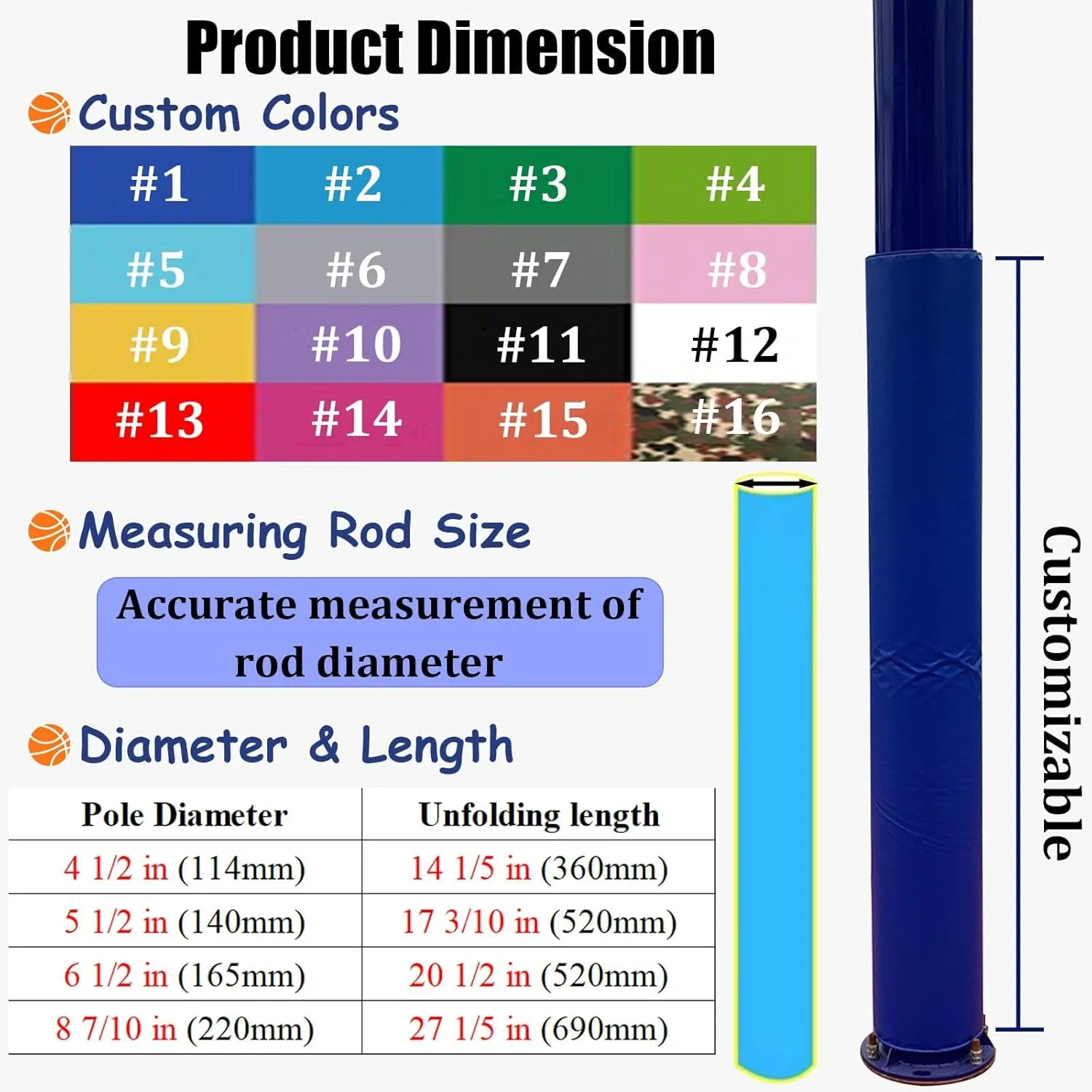 Gymnasium Gym Basketball Pole Padding, Fit Side Length 10 12 14 16 18 20 Cm All-Weather Playground Hoop Cover, Protective Wrap Around Rod Post Padded