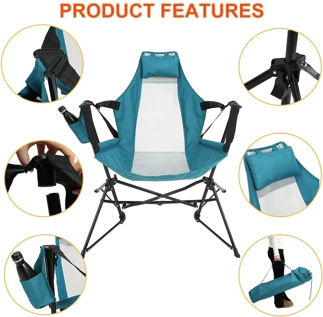 Hammock Camping Chair, Folding Portable Rocking Chair, Adjustable Back Swinging Chair with Pillow Cup Holder and Carry Bag, Recliner for Outdoor Travel Lawn Backyard (Blue)