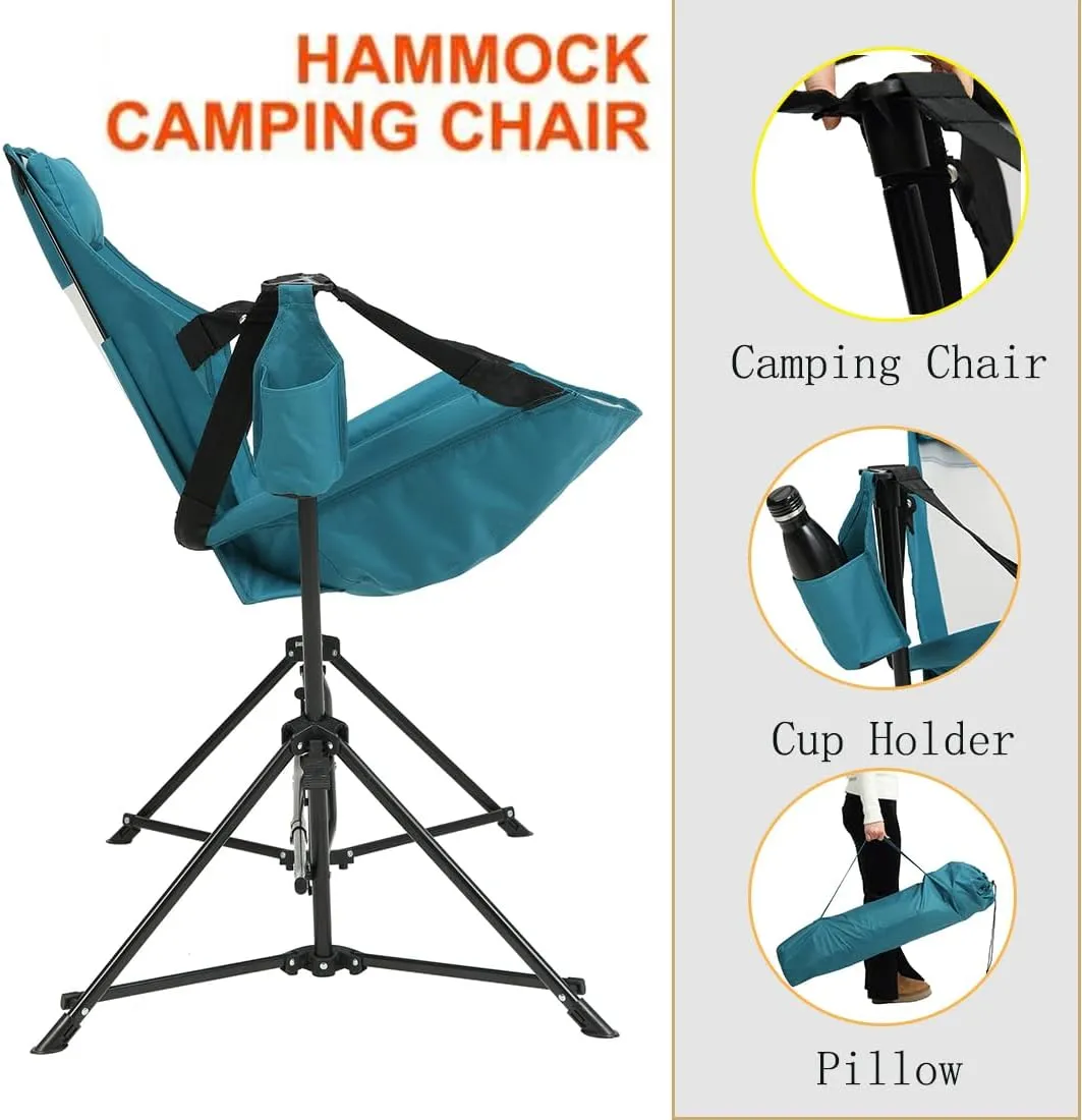Hammock Camping Chair, Folding Portable Rocking Chair, Adjustable Back Swinging Chair with Pillow Cup Holder and Carry Bag, Recliner for Outdoor Travel Lawn Backyard (Blue)