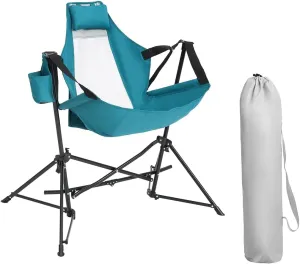 Hammock Camping Chair, Folding Portable Rocking Chair, Adjustable Back Swinging Chair with Pillow Cup Holder and Carry Bag, Recliner for Outdoor Travel Lawn Backyard (Blue)