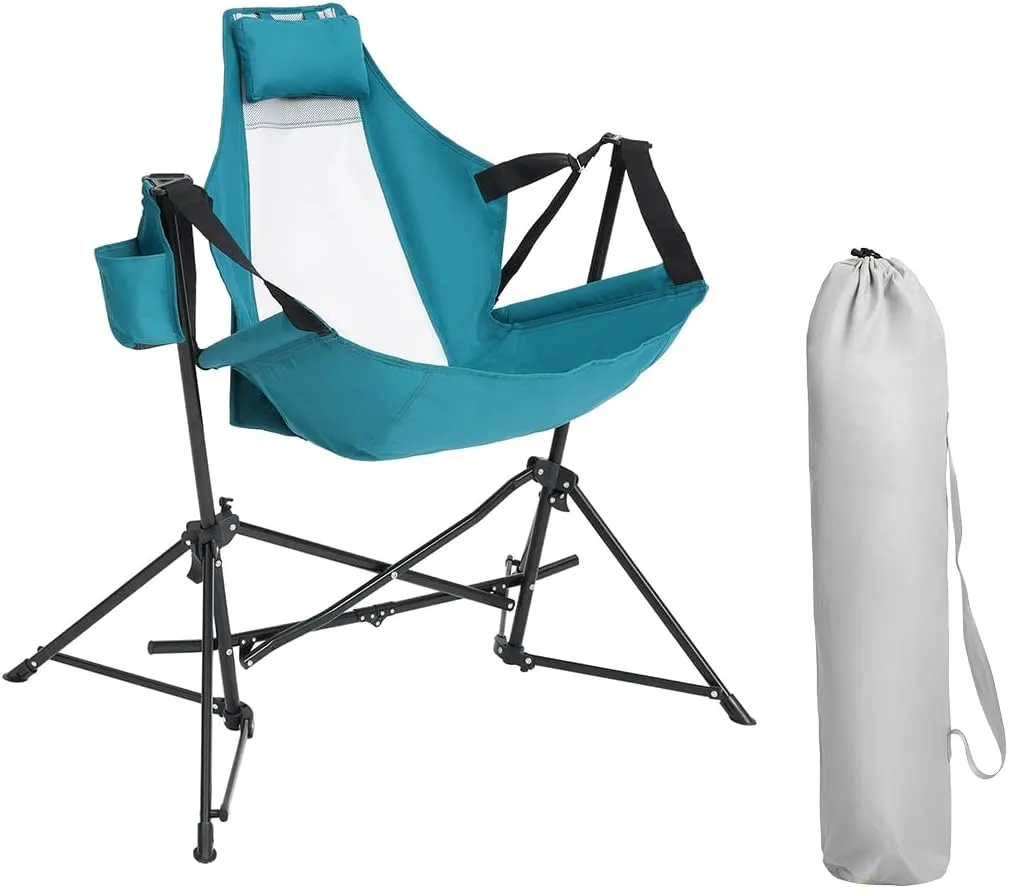 Hammock Camping Chair, Folding Portable Rocking Chair, Adjustable Back Swinging Chair with Pillow Cup Holder and Carry Bag, Recliner for Outdoor Travel Lawn Backyard (Blue)