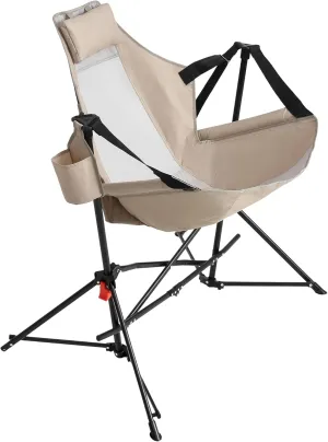 Hammock Camping Chair, Folding Portable Rocking Chair, Aluminum Alloy Adjustable Back Swinging Chair with Pillow Cup Holder, Recliner with Carry Bag for Outdoor Travel Lawn Backyard, Khaki (2pcs)