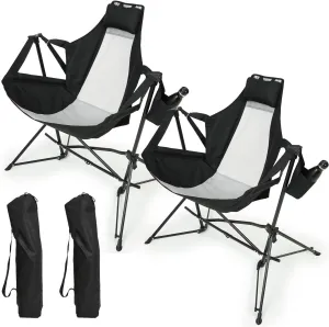 Hammock Camping Chair, Folding Portable Rocking Chair, Aluminum Alloy Adjustable Back Swinging Chair with Pillow Cup Holder, Recliner with Carry Bag for Outdoor Travel Lawn Backyard(2pcs) (Black)