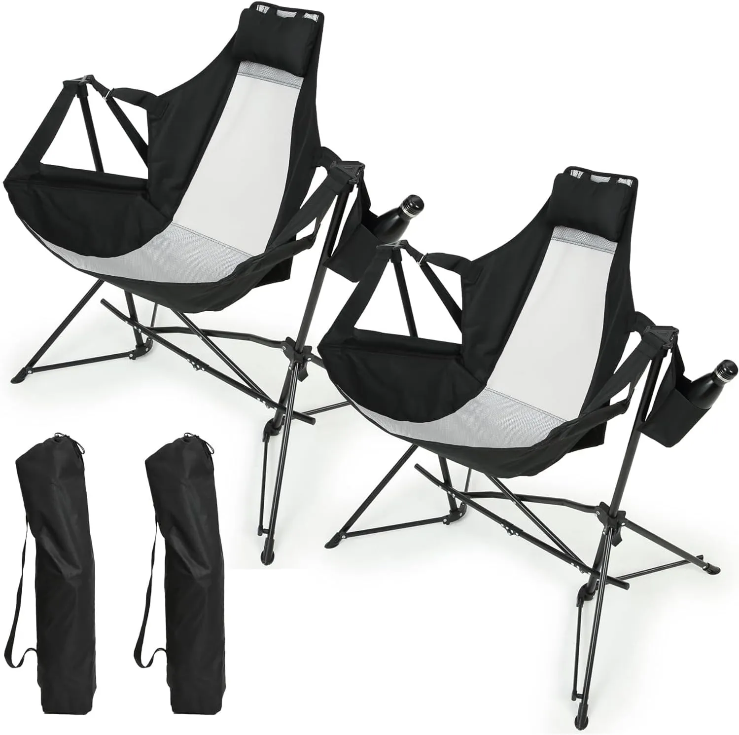 Hammock Camping Chair, Folding Portable Rocking Chair, Aluminum Alloy Adjustable Back Swinging Chair with Pillow Cup Holder, Recliner with Carry Bag for Outdoor Travel Lawn Backyard(2pcs) (Black)