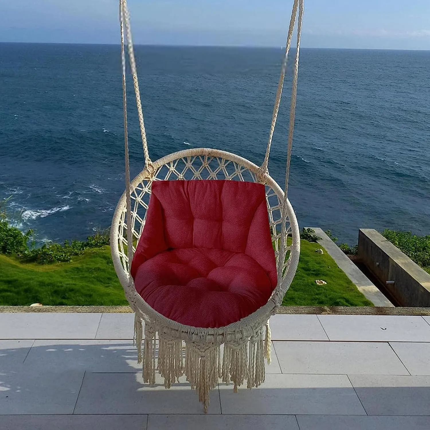 Hammock Chair Swing, Hanging Basket Seat - Thick Wicker Outdoor Cushions, Waterproof & Sun-Resistant, Wine Red