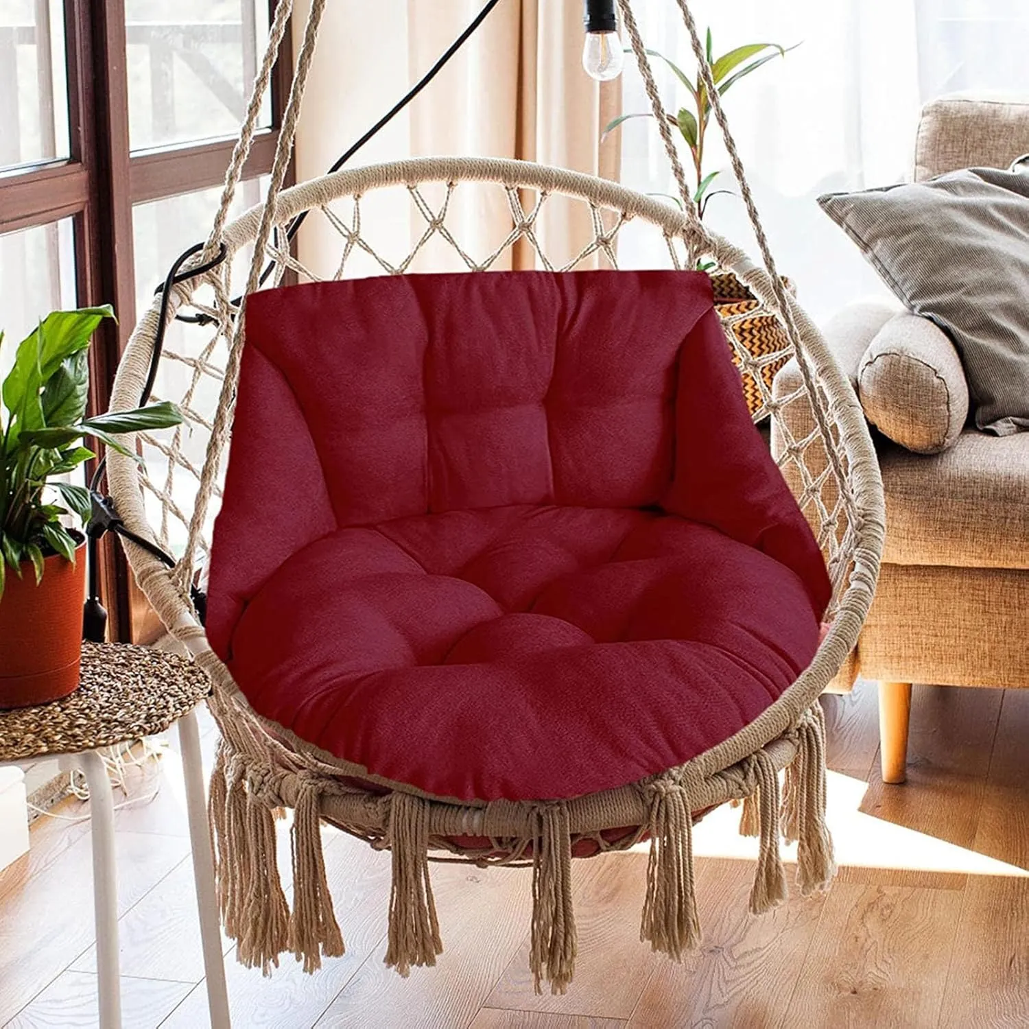 Hammock Chair Swing, Hanging Basket Seat - Thick Wicker Outdoor Cushions, Waterproof & Sun-Resistant, Wine Red