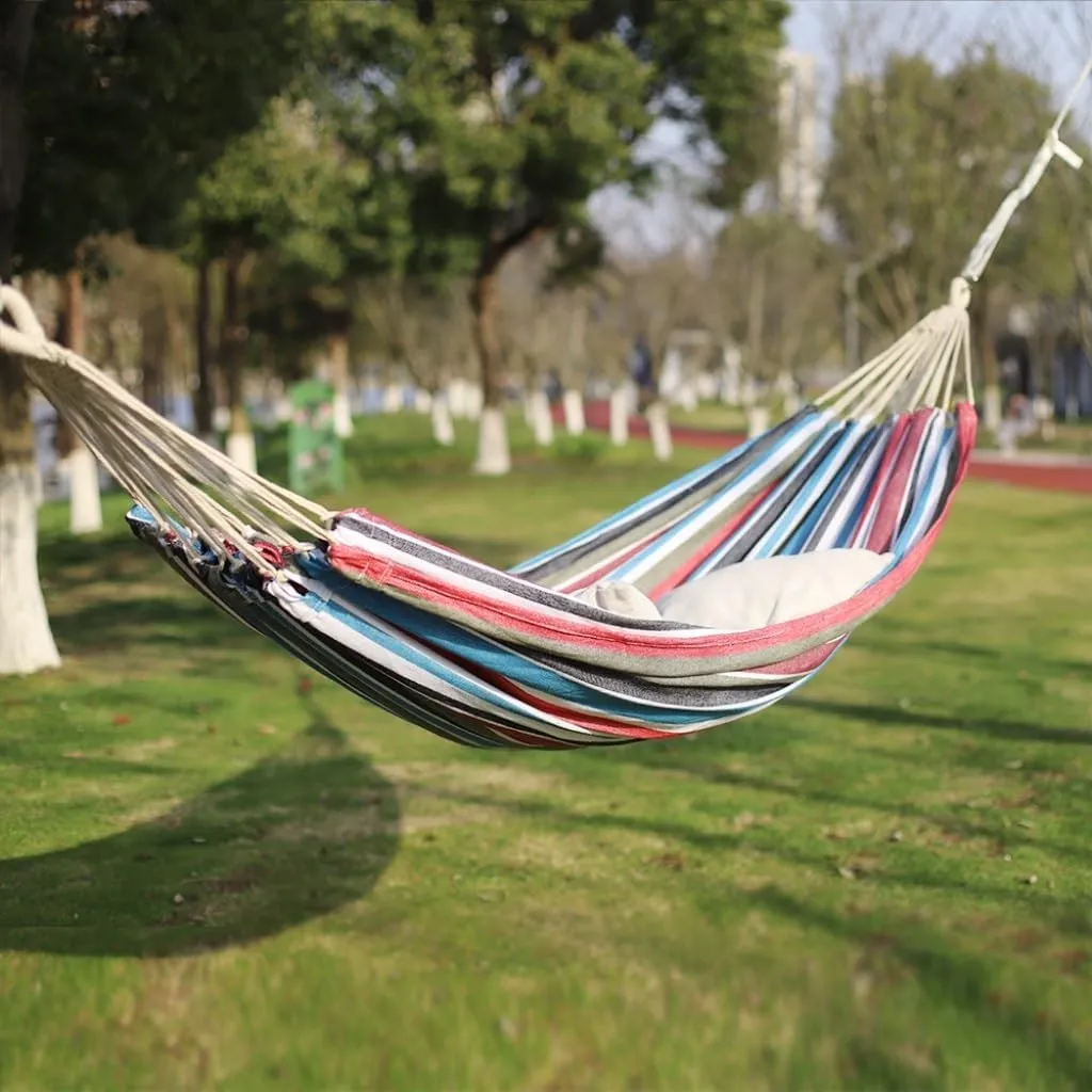 Hammock Double Outdoor Hammock Woven Tassel Thick Canvas Straight Stick Anti-Rollover Leisure Camping Single Double Swing Hammock Outdoor(Red,B)