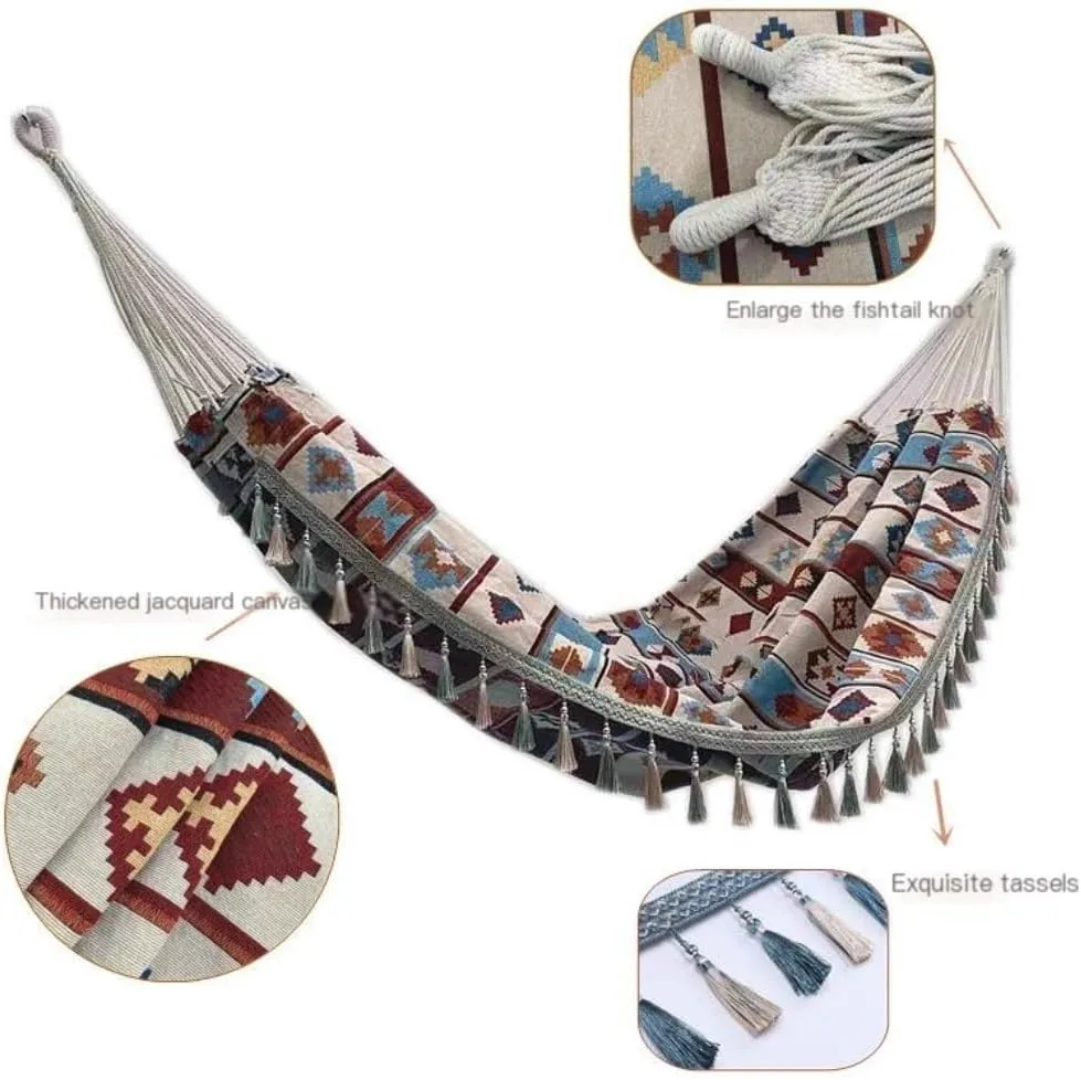 Hammock Double Outdoor Jacquard Retro Geometric Nordic Canvas Double Plus Size Hammock Outdoor Indoor Camping Portable Hammock Outdoor(A)