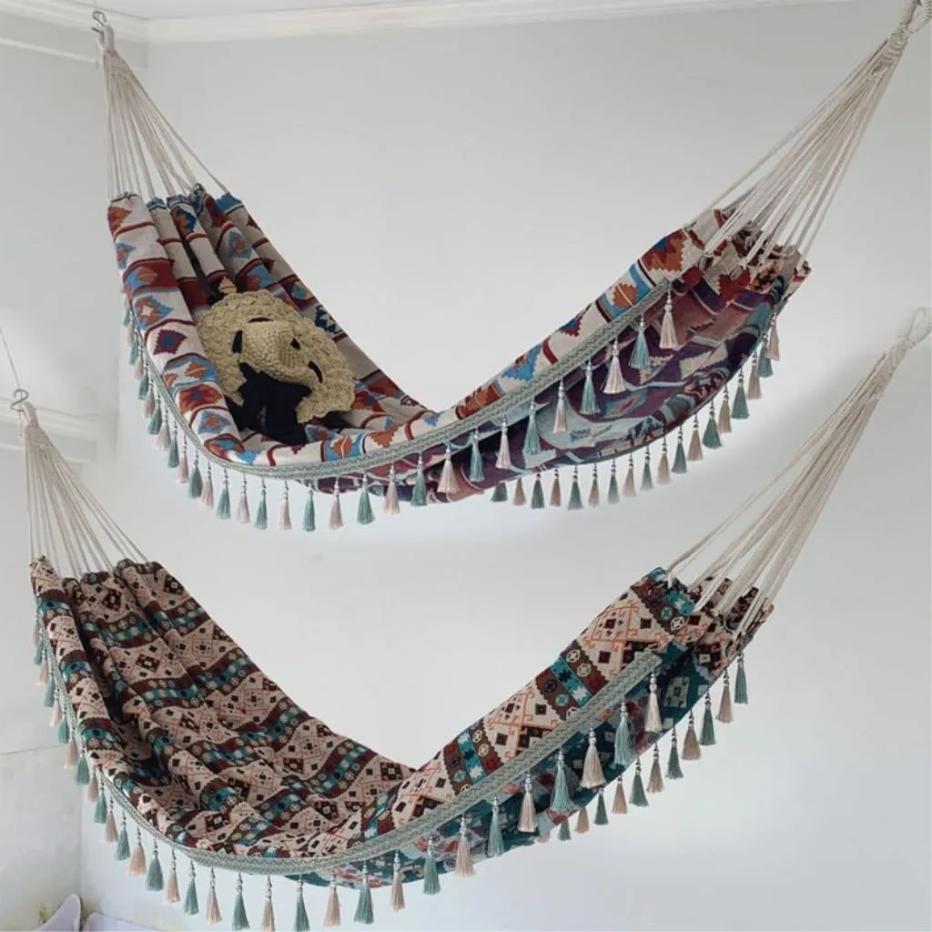 Hammock Double Outdoor Jacquard Retro Geometric Nordic Canvas Double Plus Size Hammock Outdoor Indoor Camping Portable Hammock Outdoor(A)