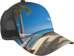 Hammock Hanging from Palm Trees Printed Unisex Baseball Cap - Breathable Mesh Adjustable Snap Back Closure