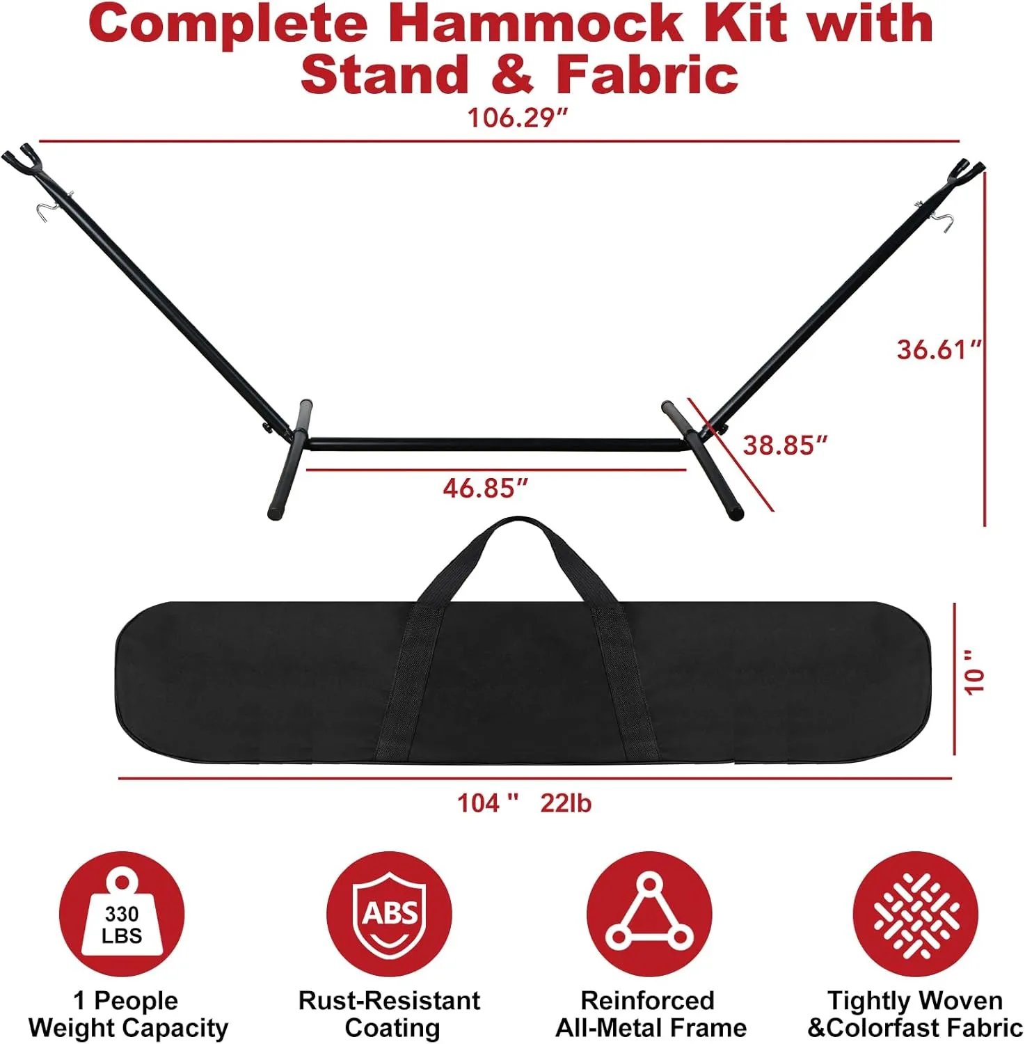 Hammock with Stand for Outside,Easy Assembly Free Standing, Portable Hammock with Carrying Bag for Indoor Outdoor Balcony Backyard, 330 lb Capacity, Red