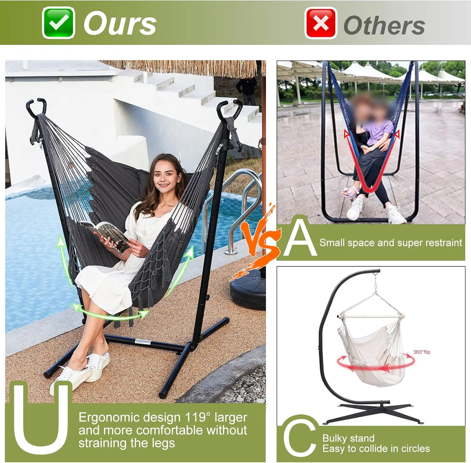 Hammock with Stand Phone Holder Included Double Hanging Chair Macrame Boho Handmade Adjustable Swing Indoor Outdoor Patio Yard Garden Porch 400lbs Capacity (2022 Grey)