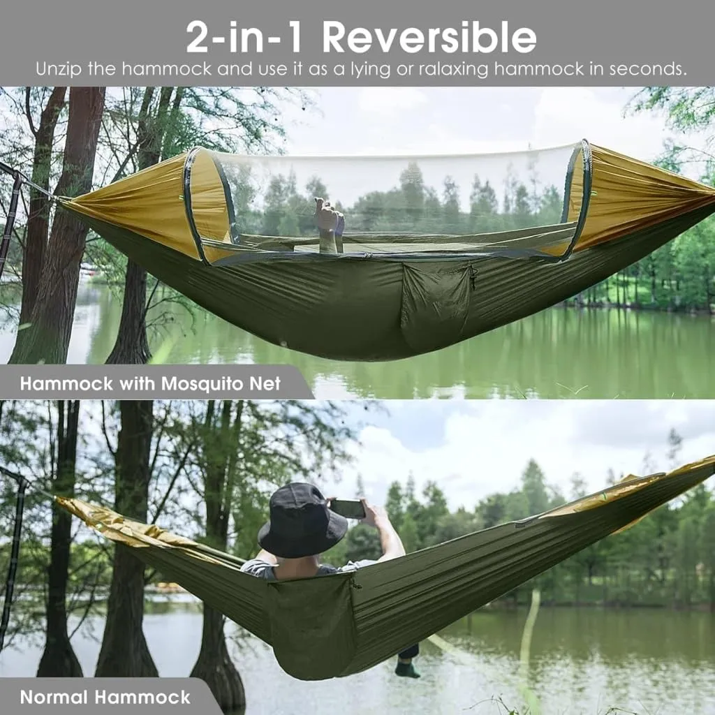 Hamock Automatic Quick-Opening Portable Mosquito Net Nylon Hammock Nylon Cloth Strut Outdoor Anti-Mosquito Hammock Hanmock(Green)