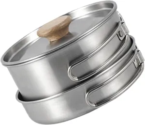 HANABASS Ergonomic Handle Pot Camping Pan Set Portable Stainless Steel Cooking Pot Reusable Frying Pan Outdoor Cooking Utensil