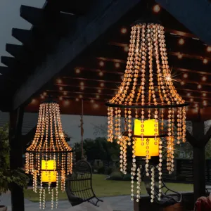 Hanging Candle Chandelier Outdoor, Battery Operated Clear Acrylic Beaded Chandelier with Flickering Led Candle Light S Hooks Modern Lantern for Garden Yard Patio Gazebo Room Indoor Decorations, 28”H