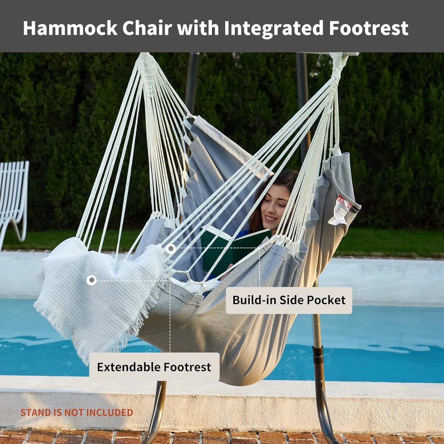 Hanging Hammock Chair Swing MAX 500 lbs Outdoor Hanging Chair with Footrest Indoor Swing Chair with Portable Steel Spreader Bar and Hardware Kit for Bedroom Living Room Patio Porch - Grey