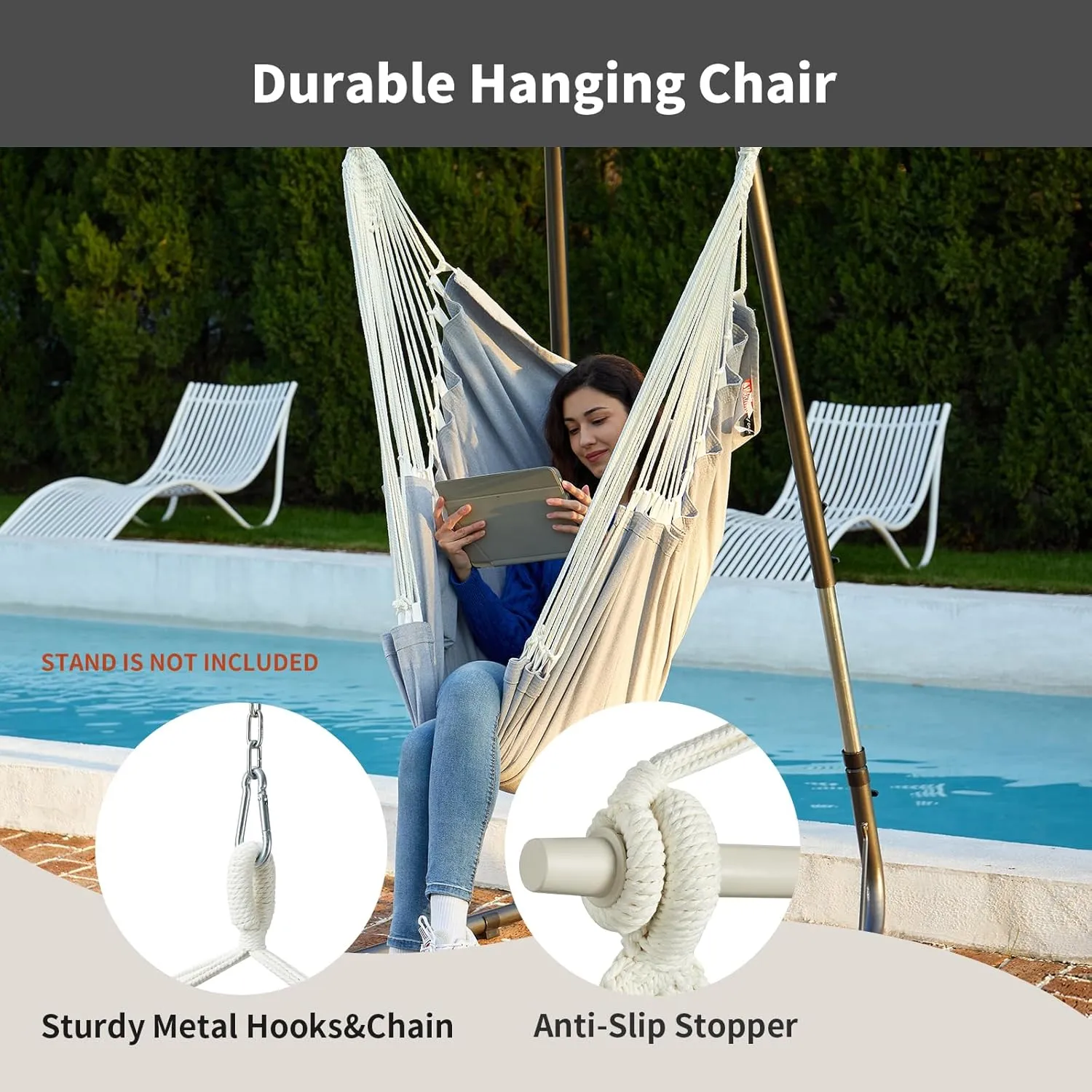 Hanging Hammock Chair Swing MAX 500 lbs Outdoor Hanging Chair with Footrest Indoor Swing Chair with Portable Steel Spreader Bar and Hardware Kit for Bedroom Living Room Patio Porch - Grey