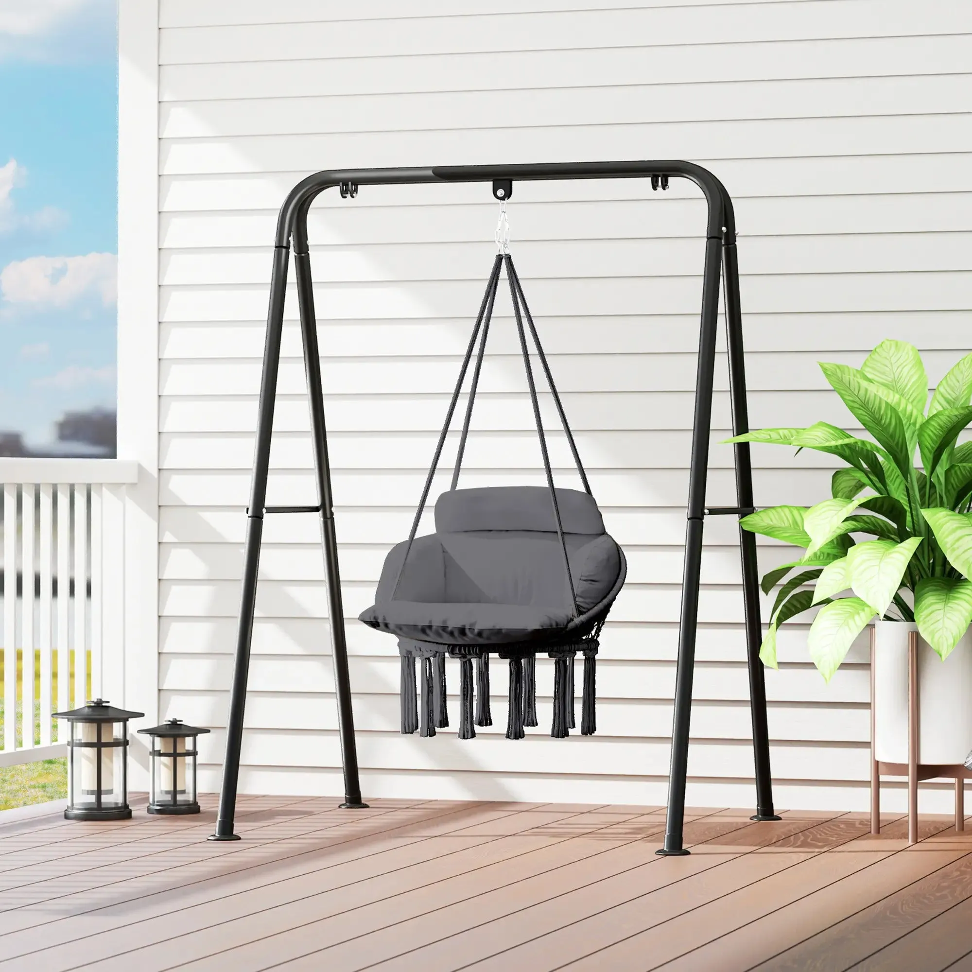 Hanging Indoor Soft Cotton Rope Robust Outdoor With Swing Hammock Seat Chair Future-proof Grey Outsunny Cushion, Dark Style Garden Boho For