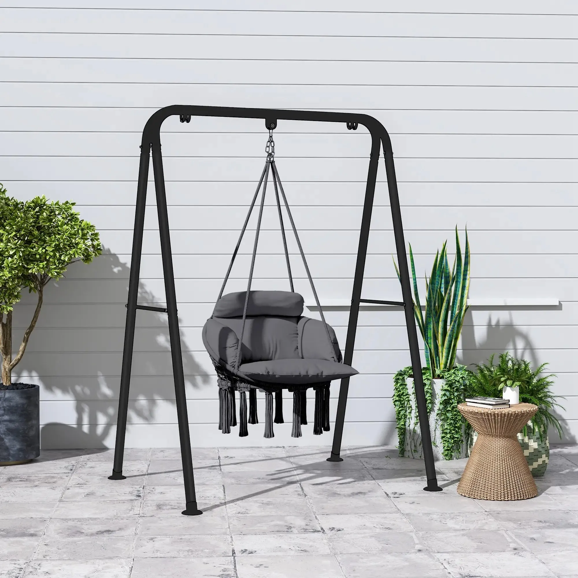 Hanging Indoor Soft Cotton Rope Robust Outdoor With Swing Hammock Seat Chair Future-proof Grey Outsunny Cushion, Dark Style Garden Boho For
