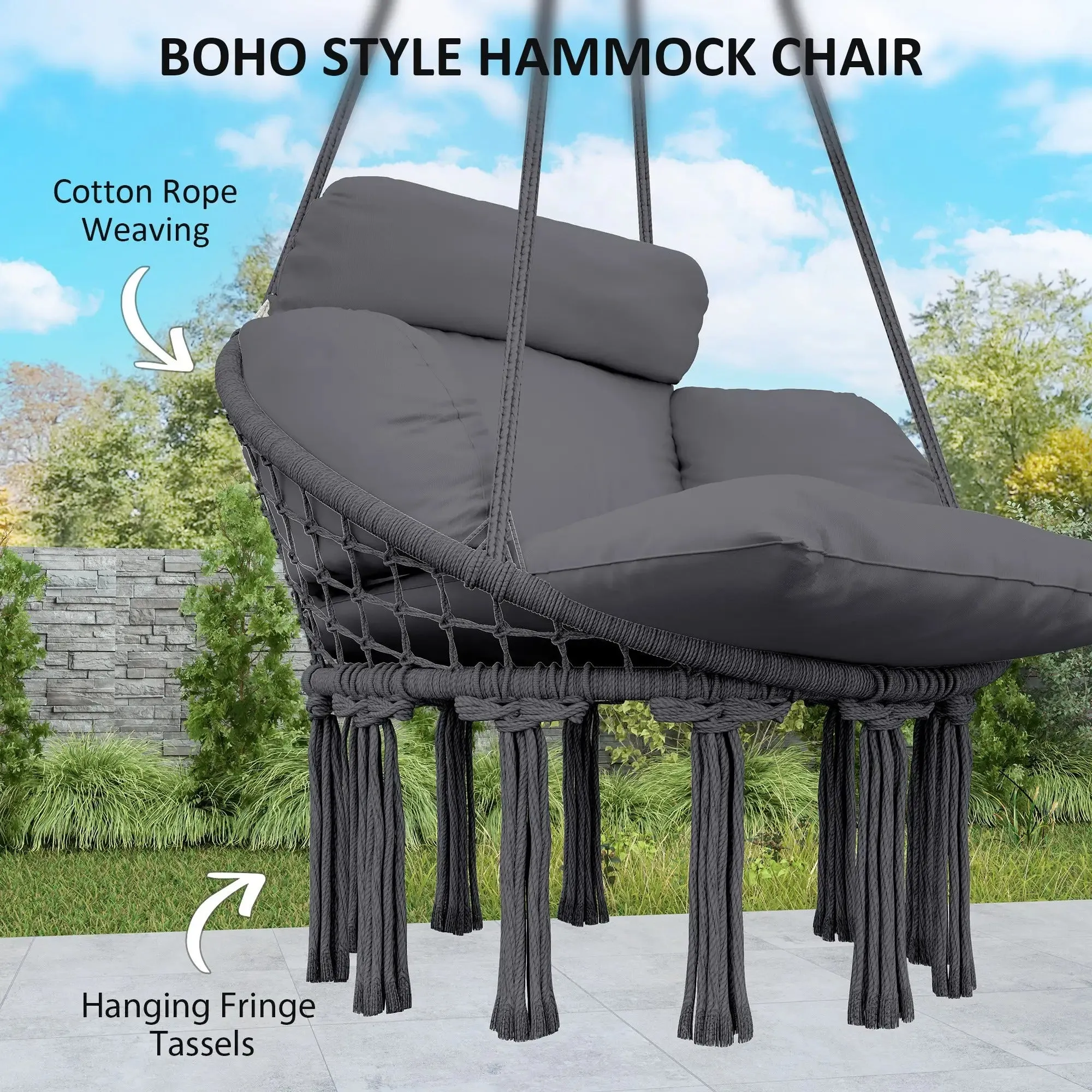 Hanging Indoor Soft Cotton Rope Robust Outdoor With Swing Hammock Seat Chair Future-proof Grey Outsunny Cushion, Dark Style Garden Boho For