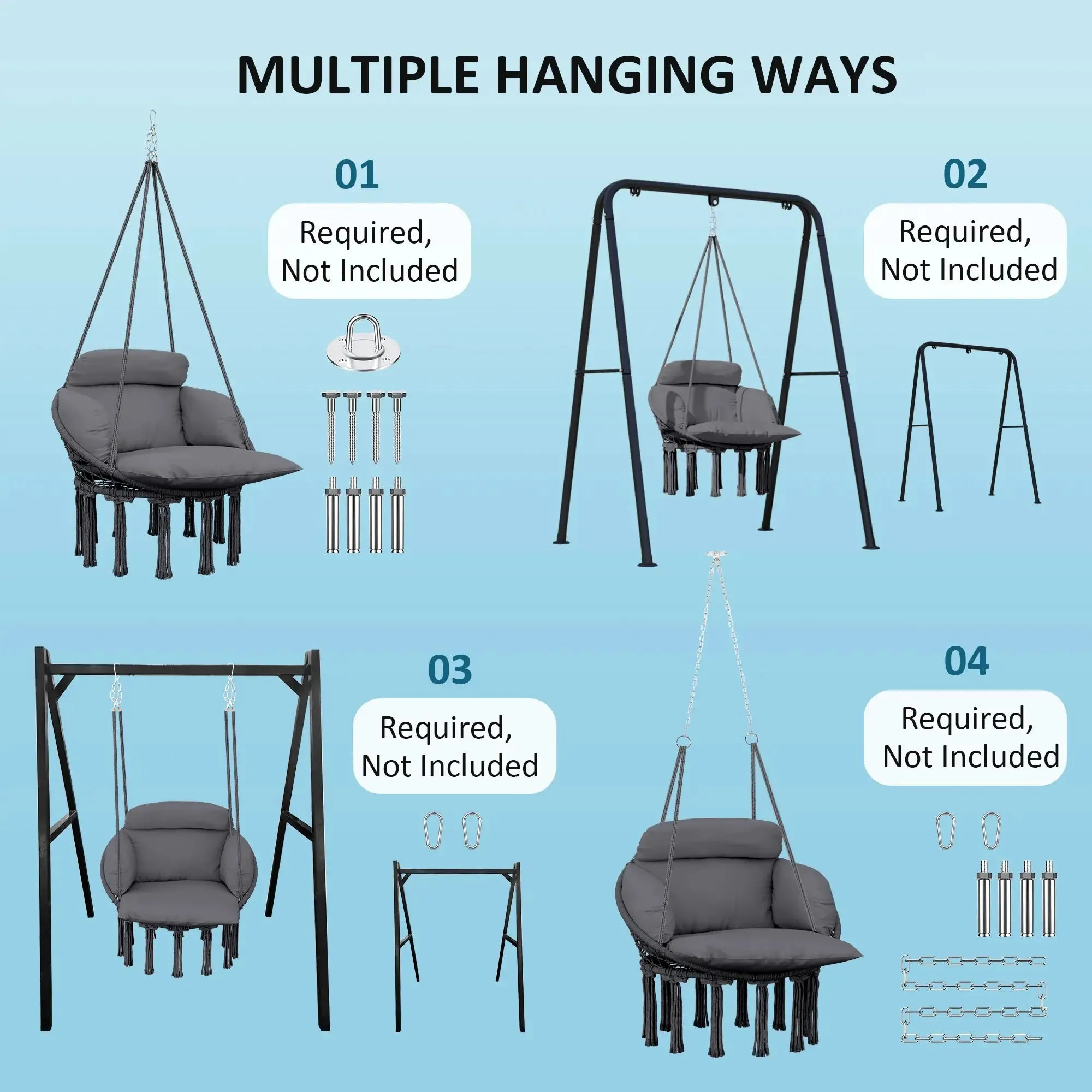 Hanging Indoor Soft Cotton Rope Robust Outdoor With Swing Hammock Seat Chair Future-proof Grey Outsunny Cushion, Dark Style Garden Boho For