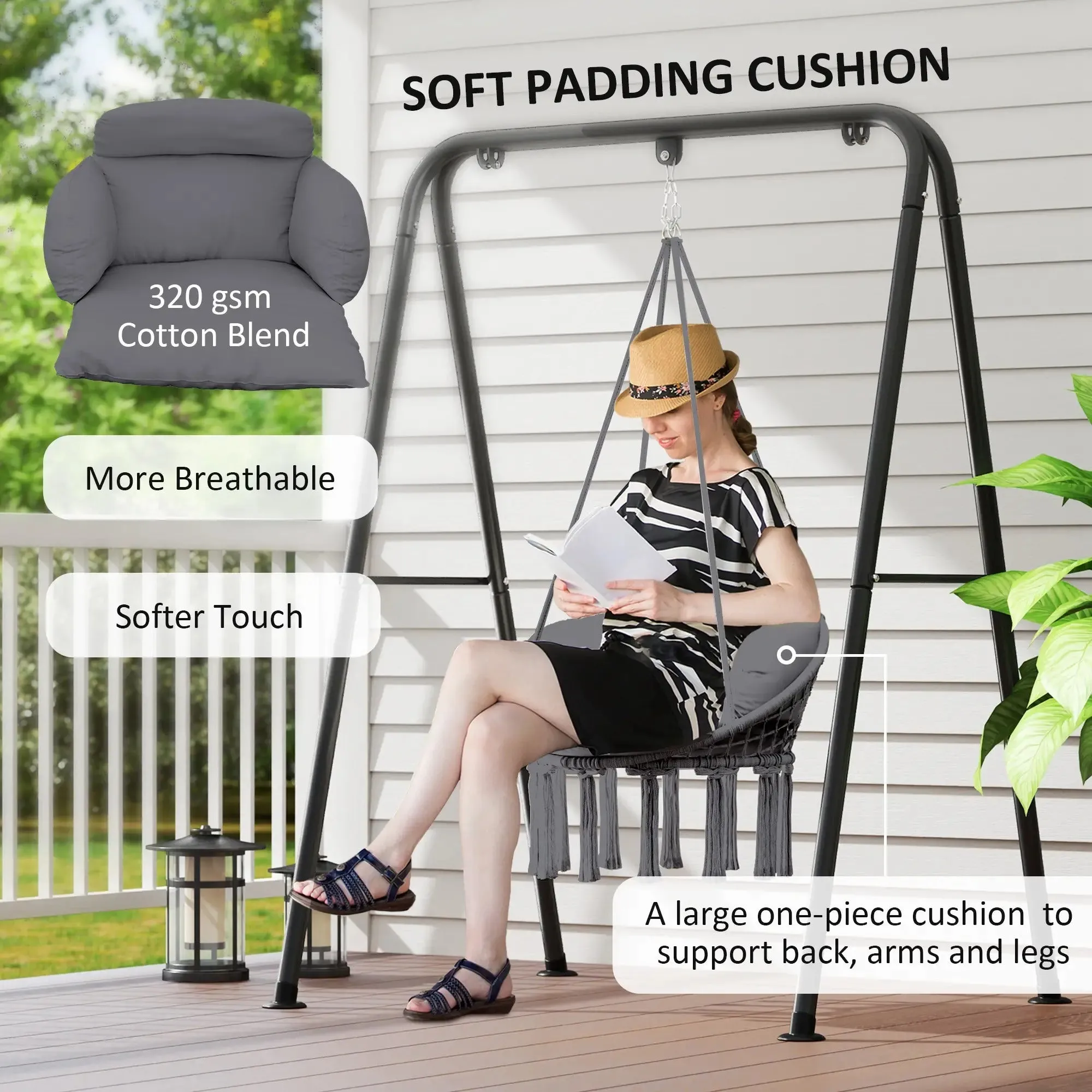 Hanging Indoor Soft Cotton Rope Robust Outdoor With Swing Hammock Seat Chair Future-proof Grey Outsunny Cushion, Dark Style Garden Boho For