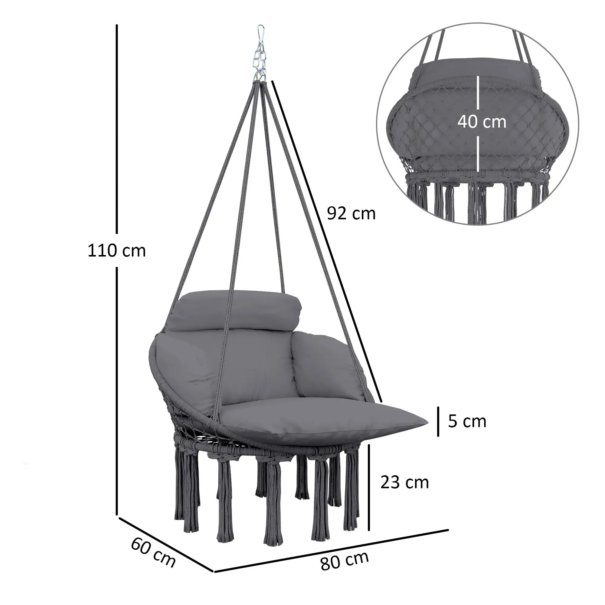 Hanging Indoor Soft Cotton Rope Robust Outdoor With Swing Hammock Seat Chair Future-proof Grey Outsunny Cushion, Dark Style Garden Boho For