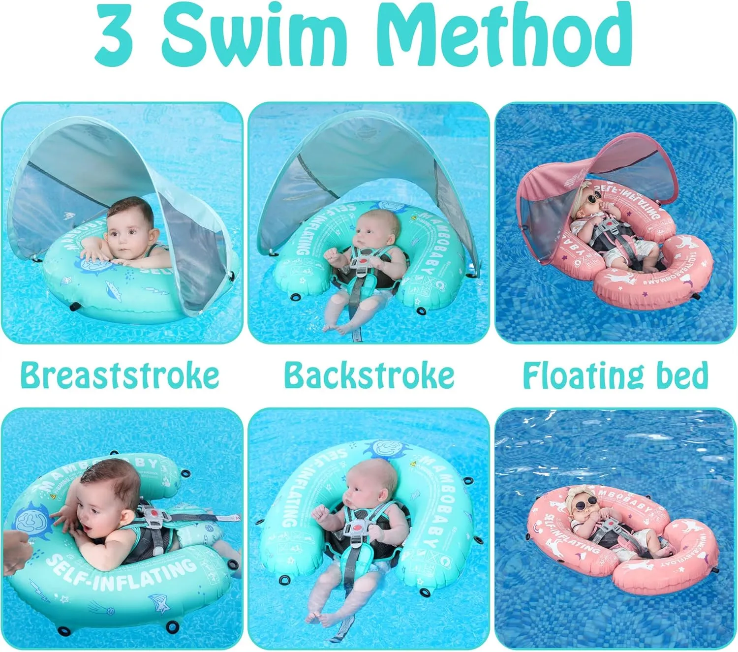 HECCEI Mambobaby Baby Pool Floats Hammock with Canopy - Portable Swimming Floating Toys Self-Inflating Water Hammock Pool Raft Floatie Lounger for Baby Summer Lake Beach UPF50 , Pink