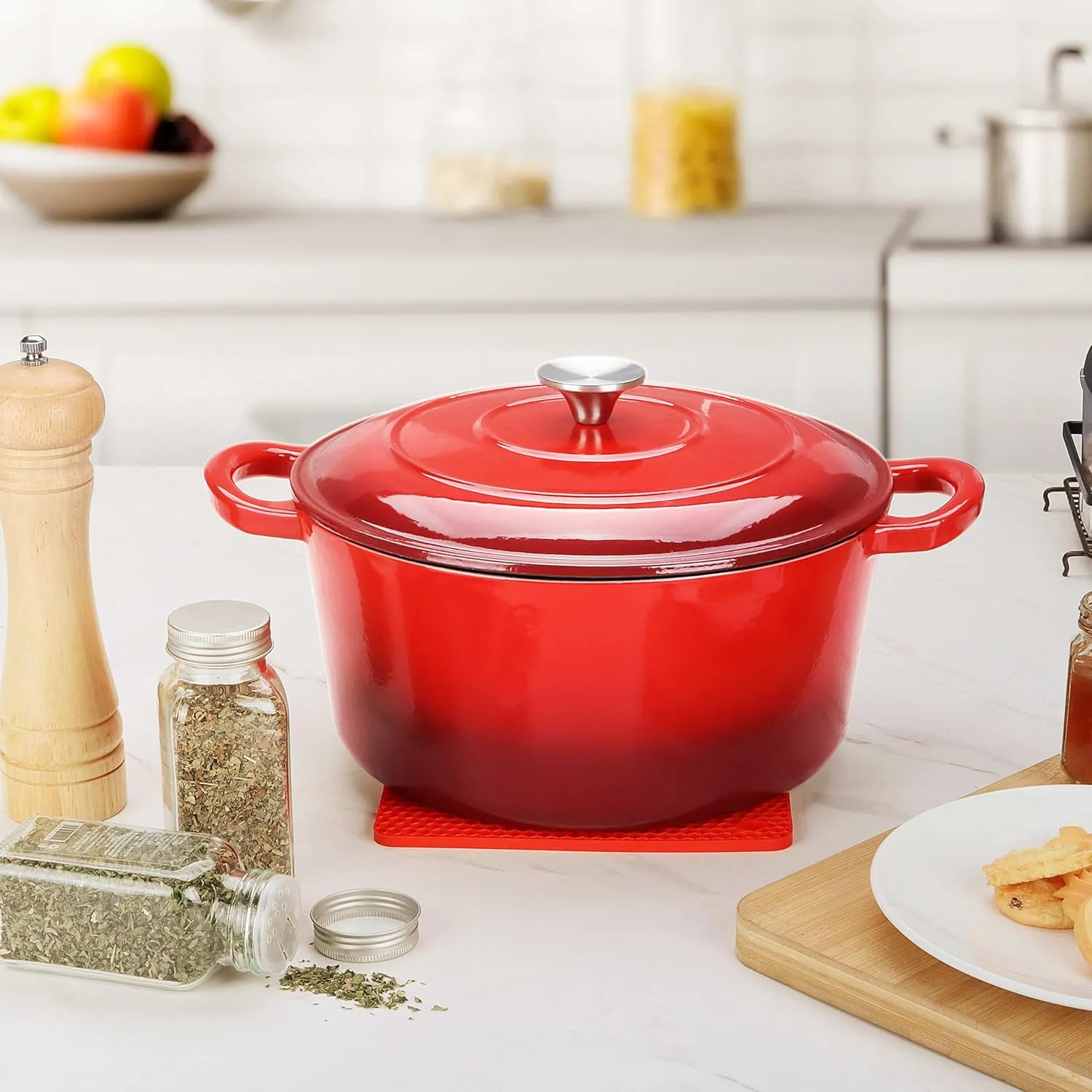 Herogo 6QT Enameled Cast Iron Dutch Oven & Silicone Trivet Mat, Round Dutch Oven Pot with Lid Dual Handles for Bread Baking Stewing Roasting, Safe for Various Stovetops, Nonstick & Easy Cleanup-Red