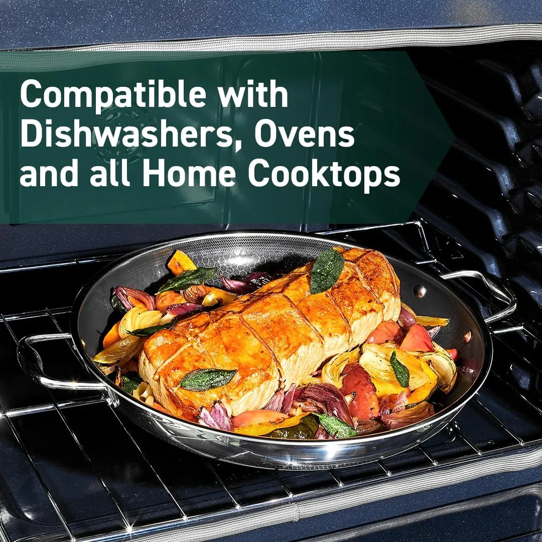 HexClad Hybrid Nonstick 14-Inch Frying Pan with Stainless Steel Lid, Stay-Cool Handles, Dishwasher-Friendly, Oven-Safe Up to 900°F, Induction-Ready, Compatible with All Cooktops
