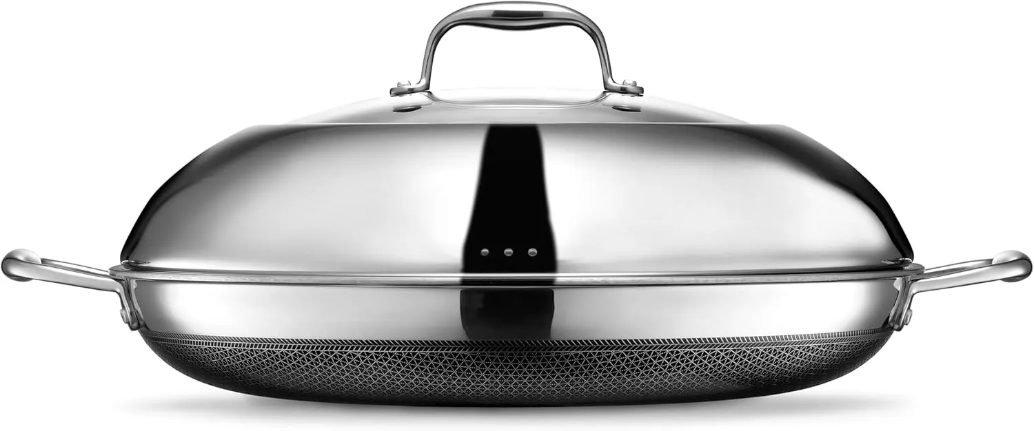 HexClad Hybrid Nonstick 14-Inch Frying Pan with Stainless Steel Lid, Stay-Cool Handles, Dishwasher-Friendly, Oven-Safe Up to 900°F, Induction-Ready, Compatible with All Cooktops