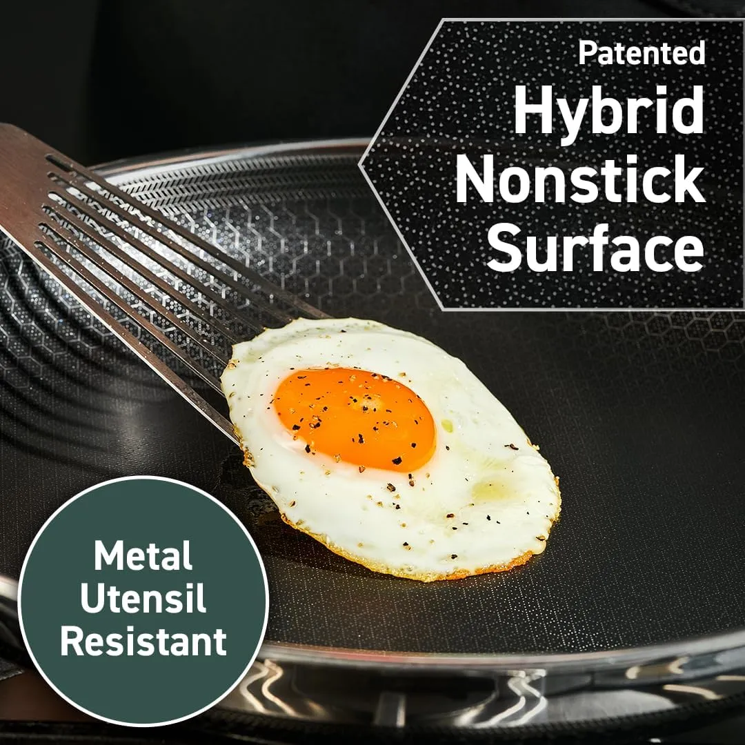 HexClad Hybrid Nonstick 14-Inch Frying Pan with Stainless Steel Lid, Stay-Cool Handles, Dishwasher-Friendly, Oven-Safe Up to 900°F, Induction-Ready, Compatible with All Cooktops
