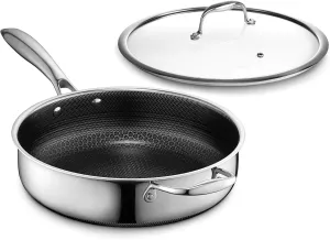 HexClad Hybrid Nonstick 3.3-Quart Deep Sauté Pan with Tempered Glass Lid, Stay-Cool Handle, Dishwasher-Friendly, Oven-Safe Up to 900°F, Induction-Ready, Compatible with All Cooktops