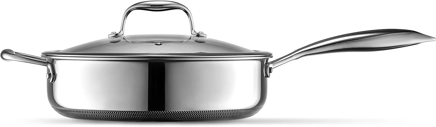 HexClad Hybrid Nonstick 3.3-Quart Deep Sauté Pan with Tempered Glass Lid, Stay-Cool Handle, Dishwasher-Friendly, Oven-Safe Up to 900°F, Induction-Ready, Compatible with All Cooktops