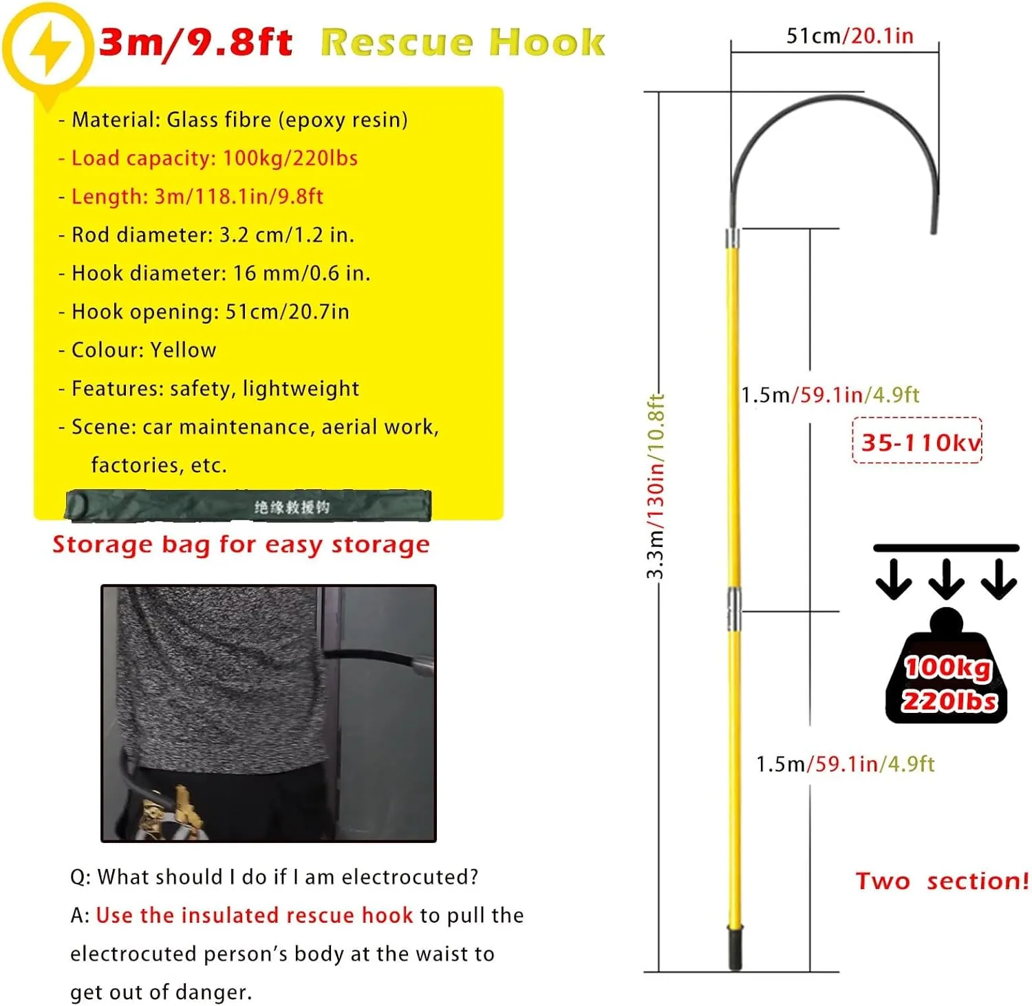 High Voltage Rescue Hook Electrical Safety 1m 1.5m 1.8m 2m 3m Anti-electrocution Emergency Rescue Pole, High Voltage Rescue Hook w/Insulated Handle - 20'' Opening, Puller Hook Safety Tool - 10kV 35kV