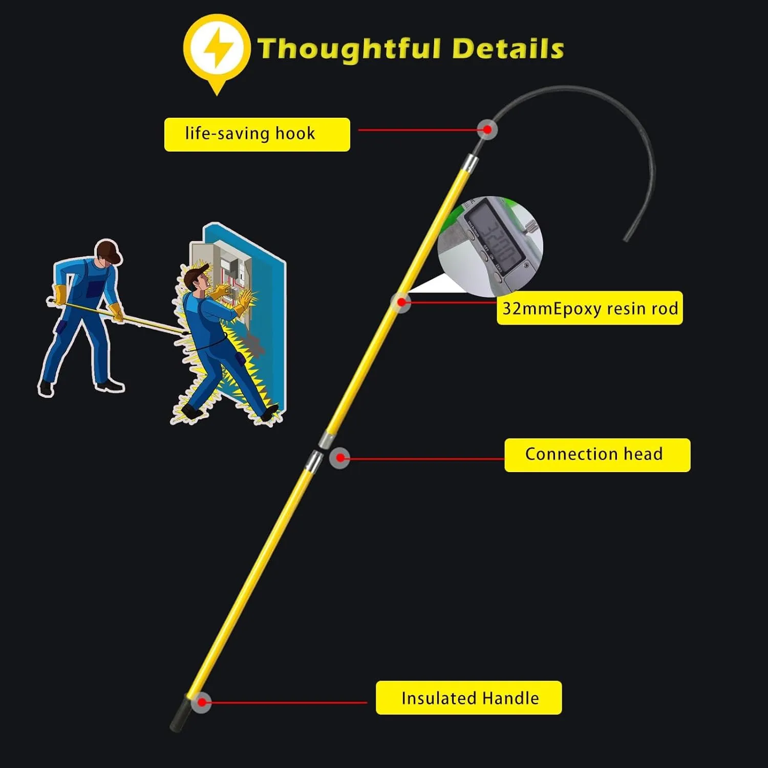 High Voltage Rescue Hook Electrical Safety 1m 1.5m 1.8m 2m 3m Anti-electrocution Emergency Rescue Pole, High Voltage Rescue Hook w/Insulated Handle - 20'' Opening, Puller Hook Safety Tool - 10kV 35kV