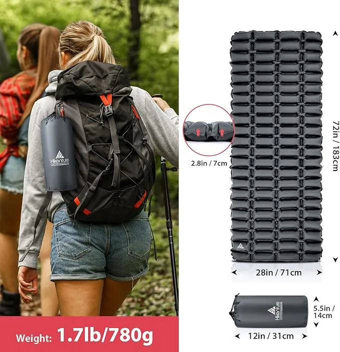 Hikenture Double Sleeping Pad,Ultralight Camping Mattress 2 Person,Backpacking Pad with Pump Sack,Inflatable Air Mat for Tent(1037-B2) (Grey, 72" L x 28" W)