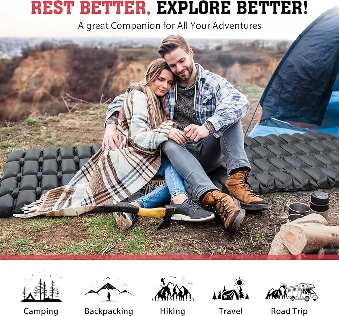 Hikenture Double Sleeping Pad,Ultralight Camping Mattress 2 Person,Backpacking Pad with Pump Sack,Inflatable Air Mat for Tent(1037-B2) (Grey, 72" L x 28" W)