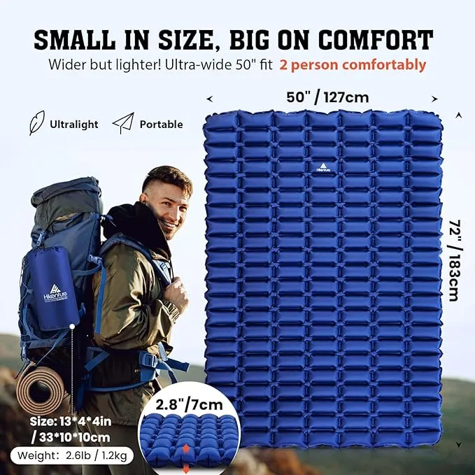 Hikenture Ultralight Camping Mattress 2 Person,Double Sleeping Pad, Backpacking Pad with Pump Sack,Inflatable Air Mat for Tent(Blue)